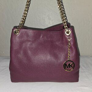 Michael Kors Jet Set Large Gold Chain Plum Grain Leather Shoulder Bag Tote